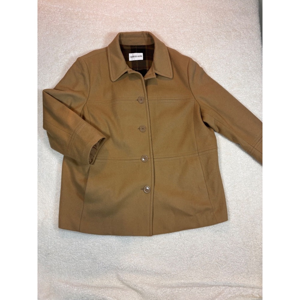 Charles Klein Jacket Womens XL Tan Excellent Wool Blend Plaid Lined Button Front